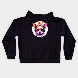 Cute dog with headphones and a cute cat on his head for both cat and dog lovers Kids Hoodie